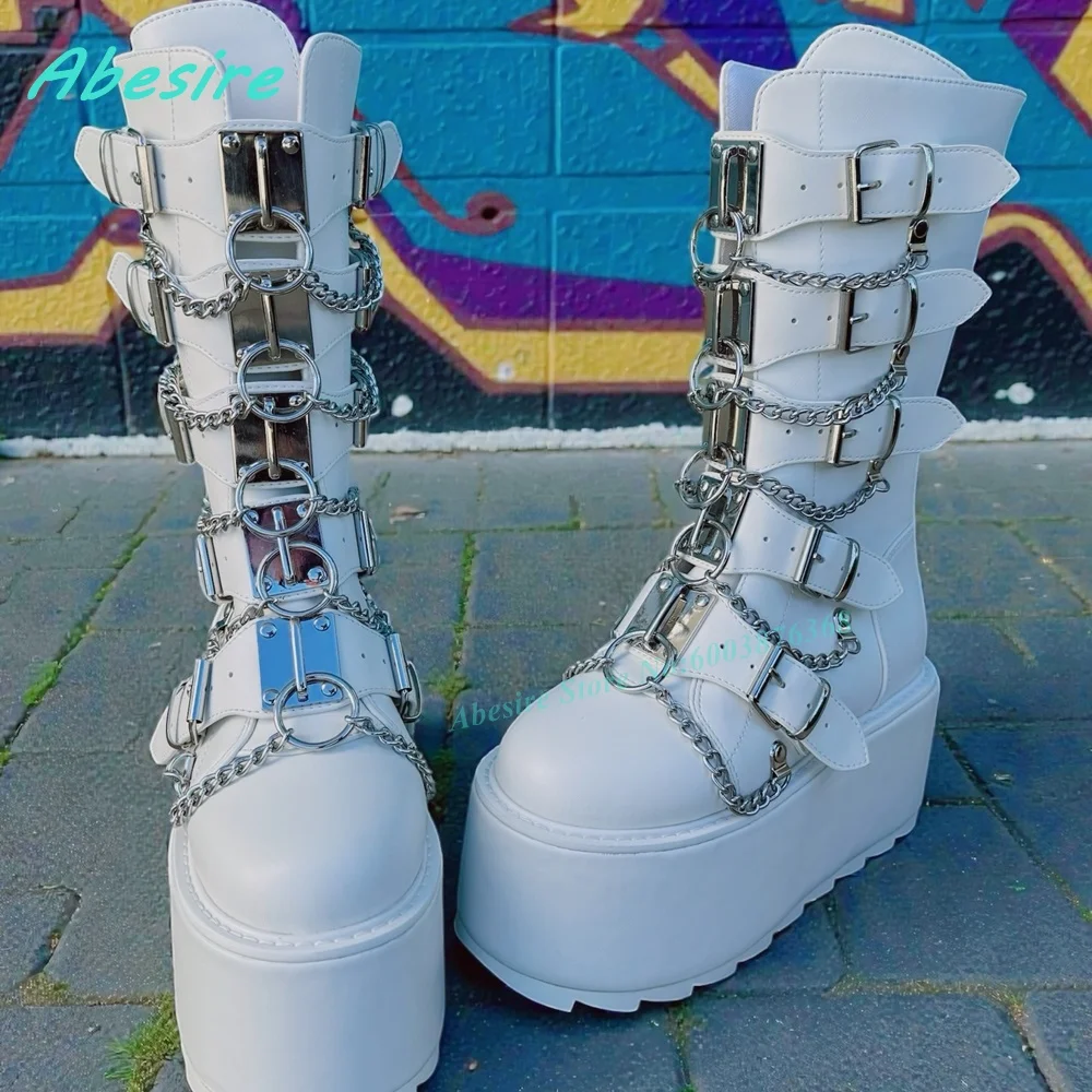Black Matte Leather Platform Knee High Boots Multi Metal Buckle Chain O-Ring Thick Sole Women's Boots Punk Fashion Gothic Shoes