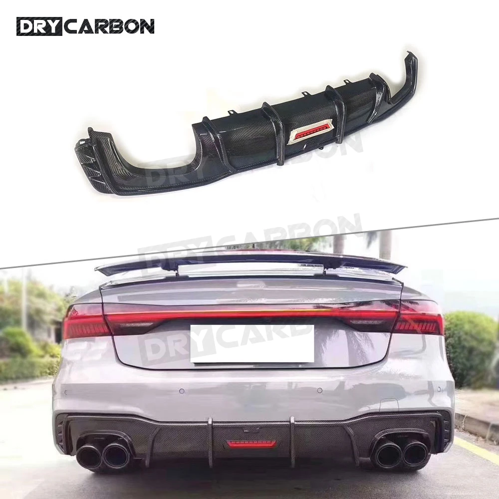 For Audi A7 Sline S7 2019 2020 2021 Rear Diffuser With Lamp Carbon Fiber / FRP Style Four Outlet Bumper Guard Plate