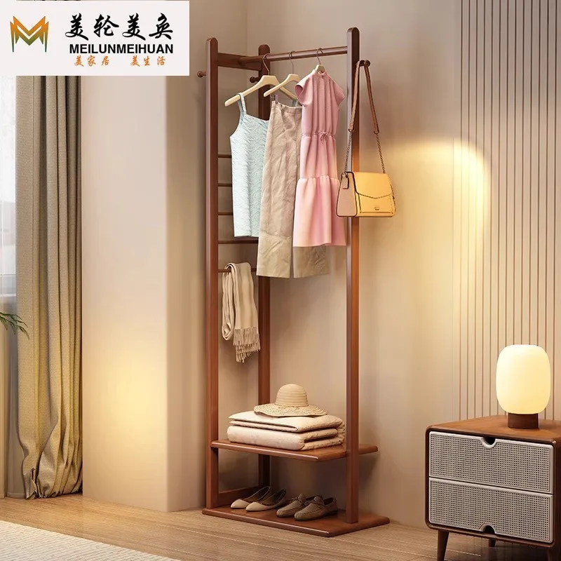 Solid wood clothes rack, floor-standing multifunctional clothes drying and storage for bedroom corners, simple household