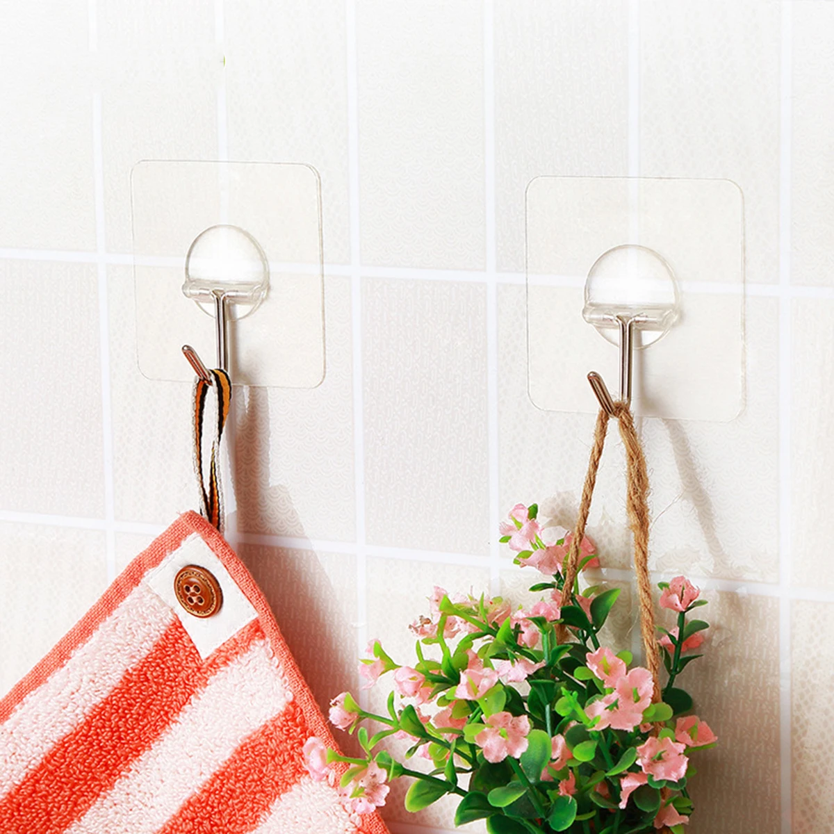 

12 Pcs Strong Adhesive Hooks for Hanging Transparent Stainless Steel Wall Mount Hangers Easy Install Removable Modern Design