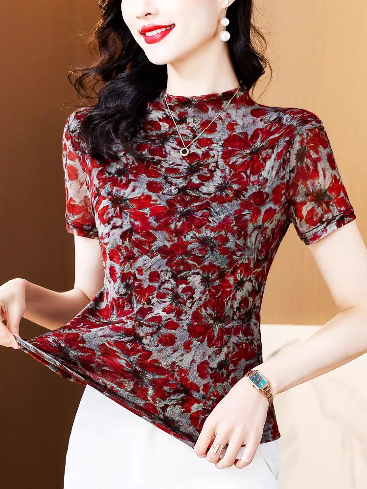 Short Sleeve T Shirt Women Floral Printed Tshirt Thin Summer Vintage Short T-shirt Round Neck Retro Tight Tshirt For Woman