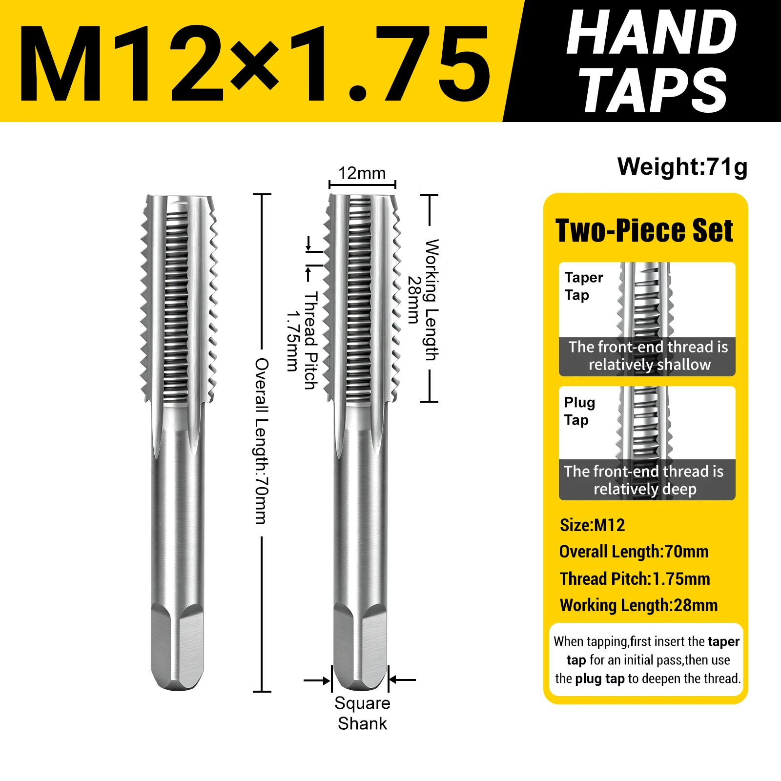 M3-M24 metrische handtaps, set van 2 stuks, conische plugtaps, HSS4241, taps met rechte snijgroef voor het maken van binnendraad in metaal, geschikt voor gelegeerd staal.