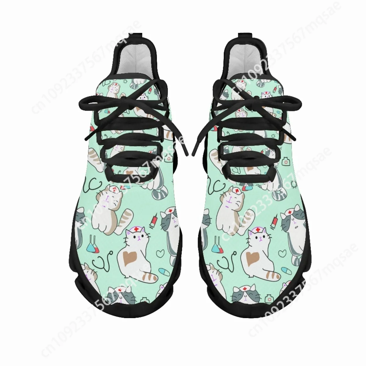 Custom Summer Spring Women Lace Up Casual Sneakers Teenager Girl Mesh Knit Sneakers Cute Nurse Cat Print Flats Female Shoe