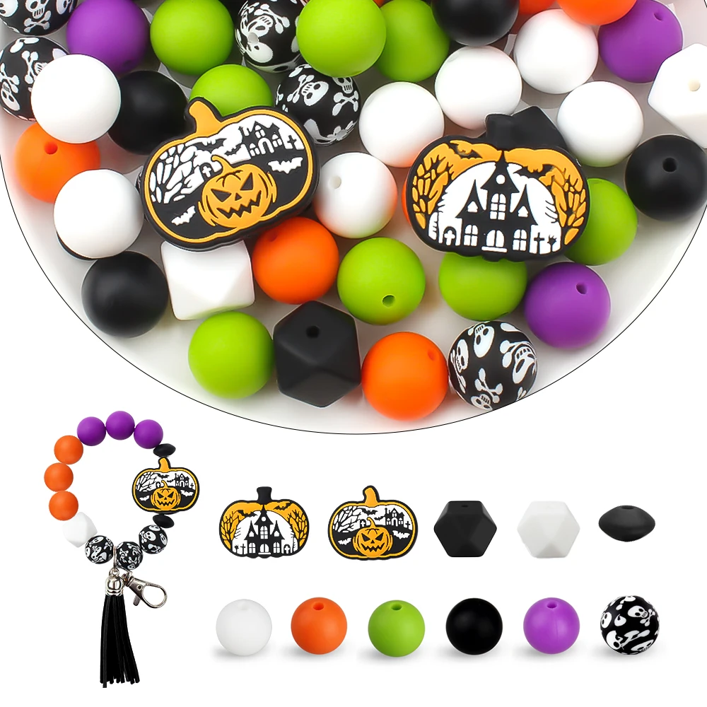 60pcs/set New Silicone Beads Water Transfer Pumpkin House Halloween Series for DIY Pendant Pearl Keychain Jewelry Accessories