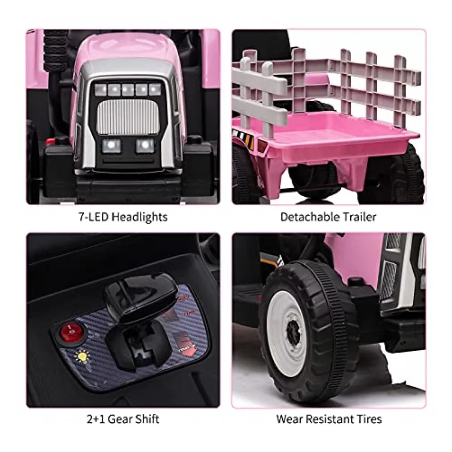 12V Ride on Tractor with Trailer and Remote ControlToddler Electric Vehicle Car with LED Headlights 2+1 Gear Shift MP3 Player U