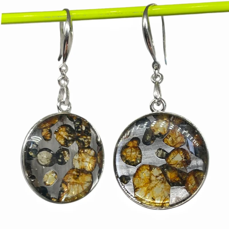 Seymchan Pallasite Meteorite Drop Earrings Natural Olivine Crystals Round Resin Sealed Dangle Hook Ladies Space Jewelry