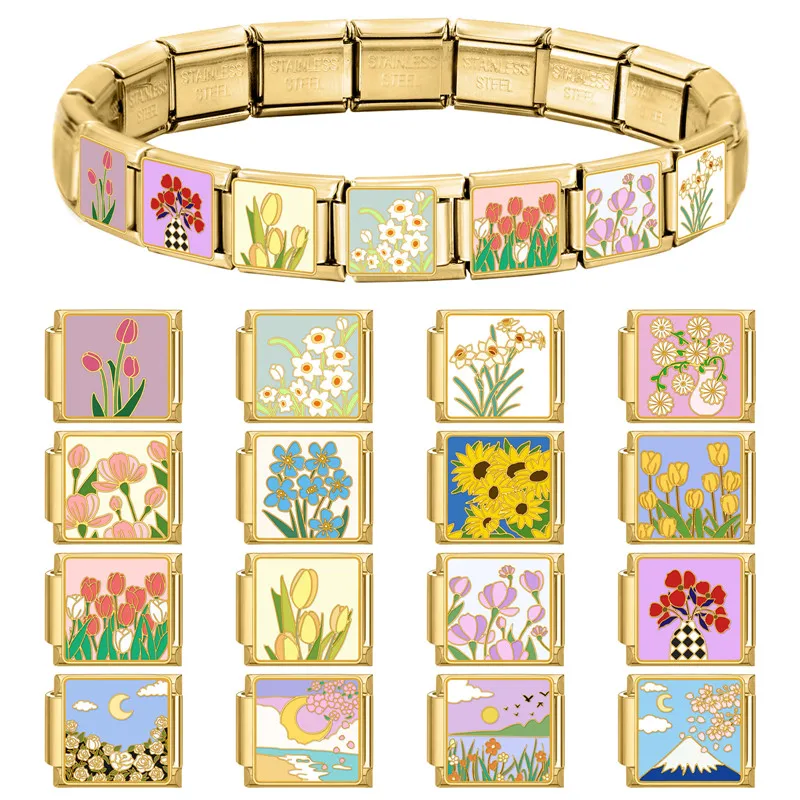 New Unique Design Daisy Sunflower Tulip Moon Cat Gold Color Italian Charm Link Fit 9mm Stainless Steel Bracelet Women DIY Making