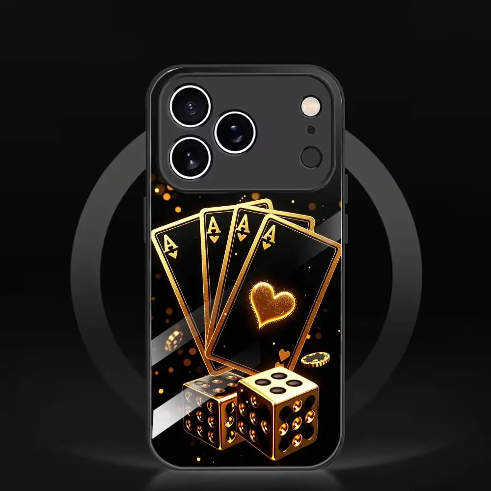 Golden playing card dice Tempered HD Glass Fashion phone case for iPhone 17/16/15/14/13/12/11 Promax Pro Plus Air Dropresistant