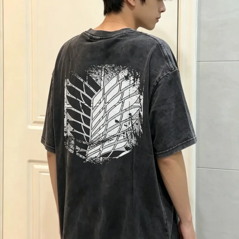Anime Attack on Titan Vintage Washed Print T-shirt Mikasa Ackerman Eren Jaeger Wings of Freedom Logo Mens Summer Cotton T-shirts