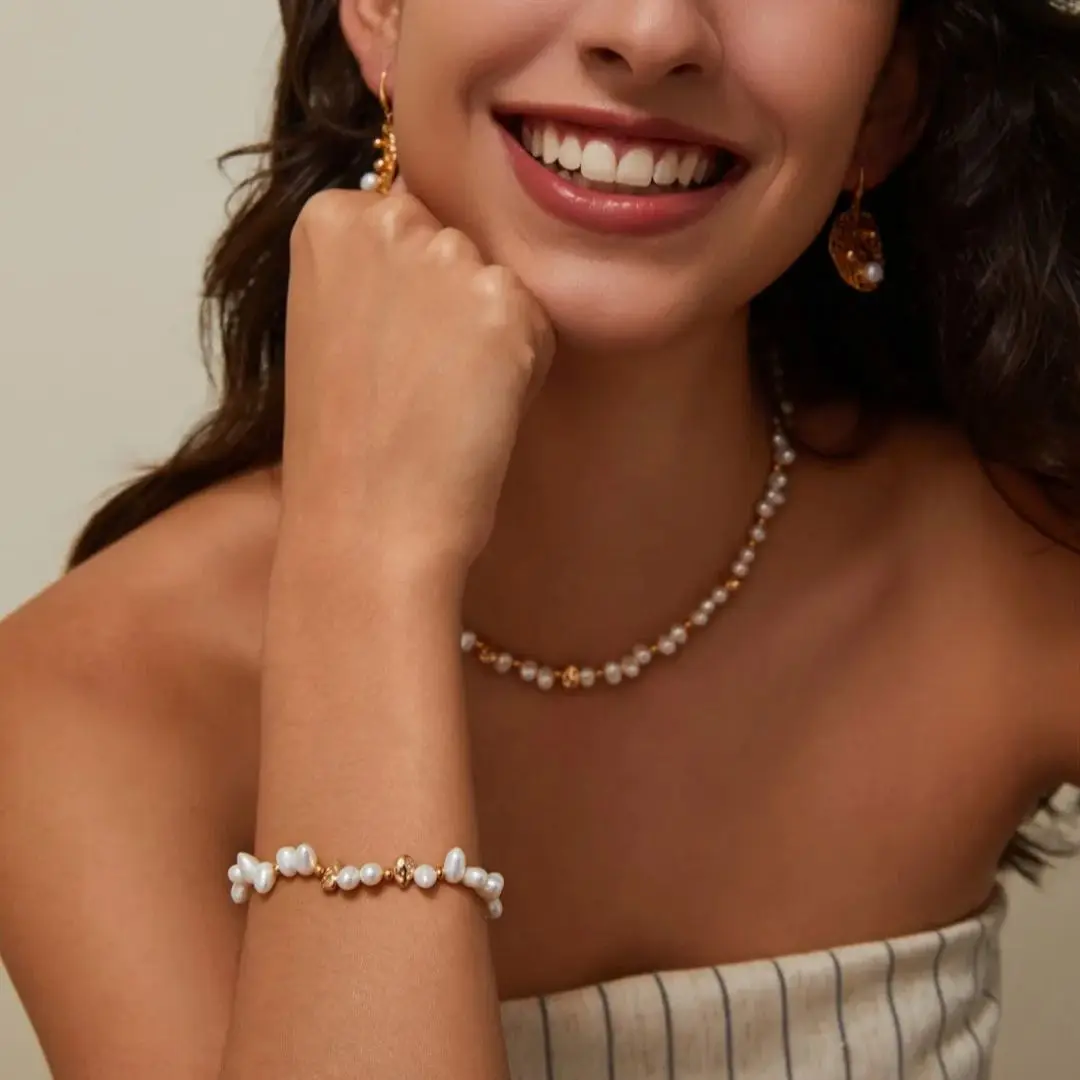 

Unique Pearl Necklace Natural Freshwater Pearl 18K Gold Plated Pearl Bracelet Casual Pearl Jewelry Sets For Women Christmas Gift