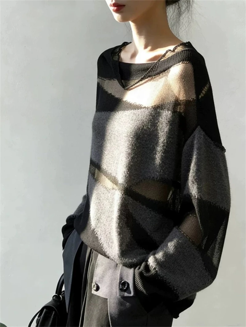 New Trendy Ragged-look Long Sleeve Women's Top Fashionable Unique Design Korean Style atmosphere contrasting see-through sweater