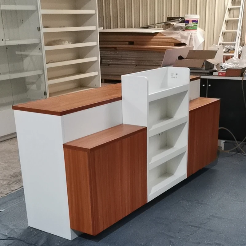 Customization Wood Pharmacy And Cosmetic Store Checkout Counter With Snack Stand