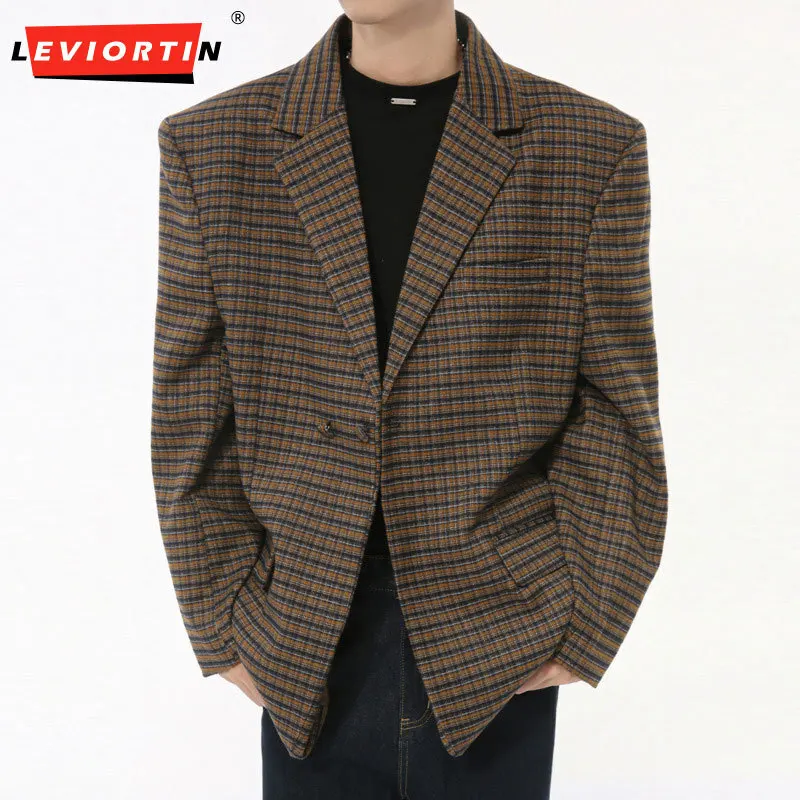 LEVIORTIN British Style Men\'s Blazers Vintage Double Breasted Plaid Design Casual New Autumn Loose Male Suit Jackets Trendy