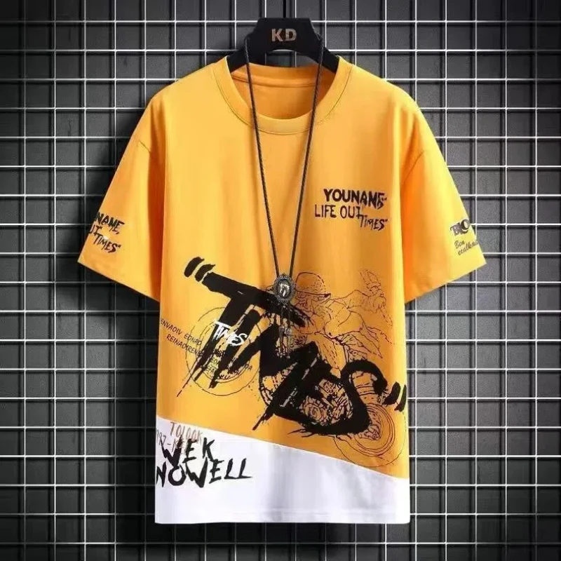 Men\'s Trend Letter Print Tops Tees Summer New Short Sleeve O-neck Plus Size Contrast Loose T Shirts Fashion Casual Men Clothing