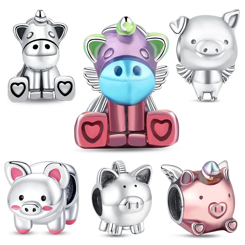 

925 Sterling Silver Cute Pig Piggy Bank Unicorn Wing Fashion Beads Fit Original Pandora Charms 925 Bracelet DIY Jewelry Making