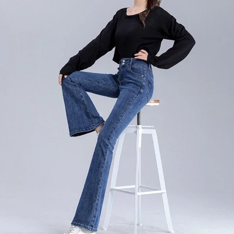 Womens Jeans Blue Flare Trousers High Waist Shot Pants for Women Bell Bottom Flared Japanese Y2k Medium Wash Stylish Clothing Z