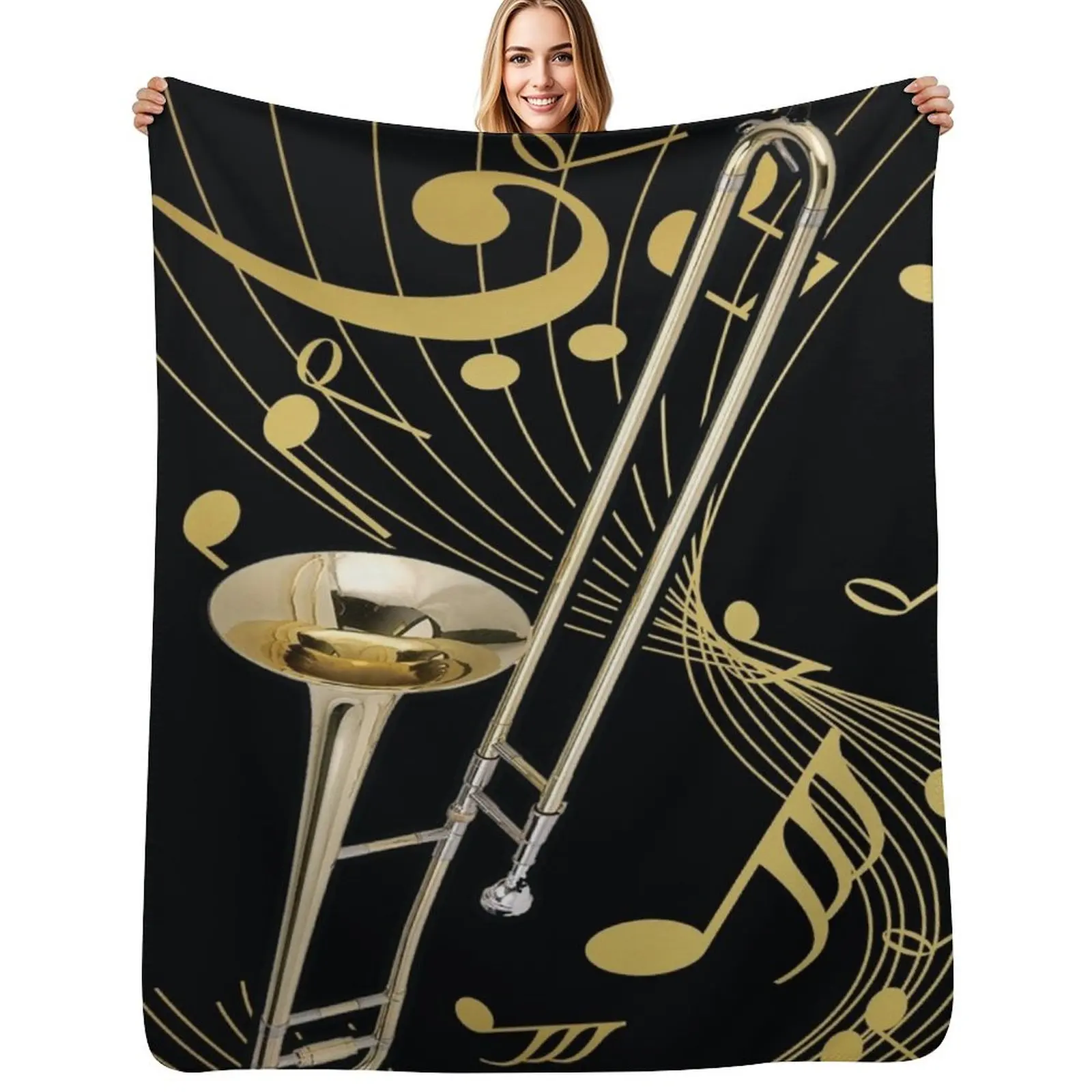 Trombone And Music Note Throw Blanket Flannel Fabric Travel Giant Sofa Personalized Gift Furry Flannels Blankets