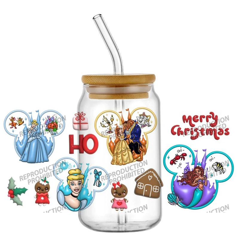 Miniso 25 neue Disney Princess Frohe Weihnachten 16 Unzen UV DTF 3D Aufkleber Aufkleber Wraps für Glasdose Tasse Handwerk DIY Geschenk kreativ