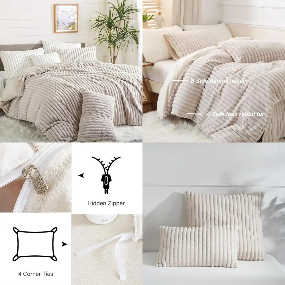 

Beige Velvet Flannel Queen Duvet Cover Set - 3-Piece Soft Faux Fur Bedding with 2 Pillowcases, All-Season Warm & Plush