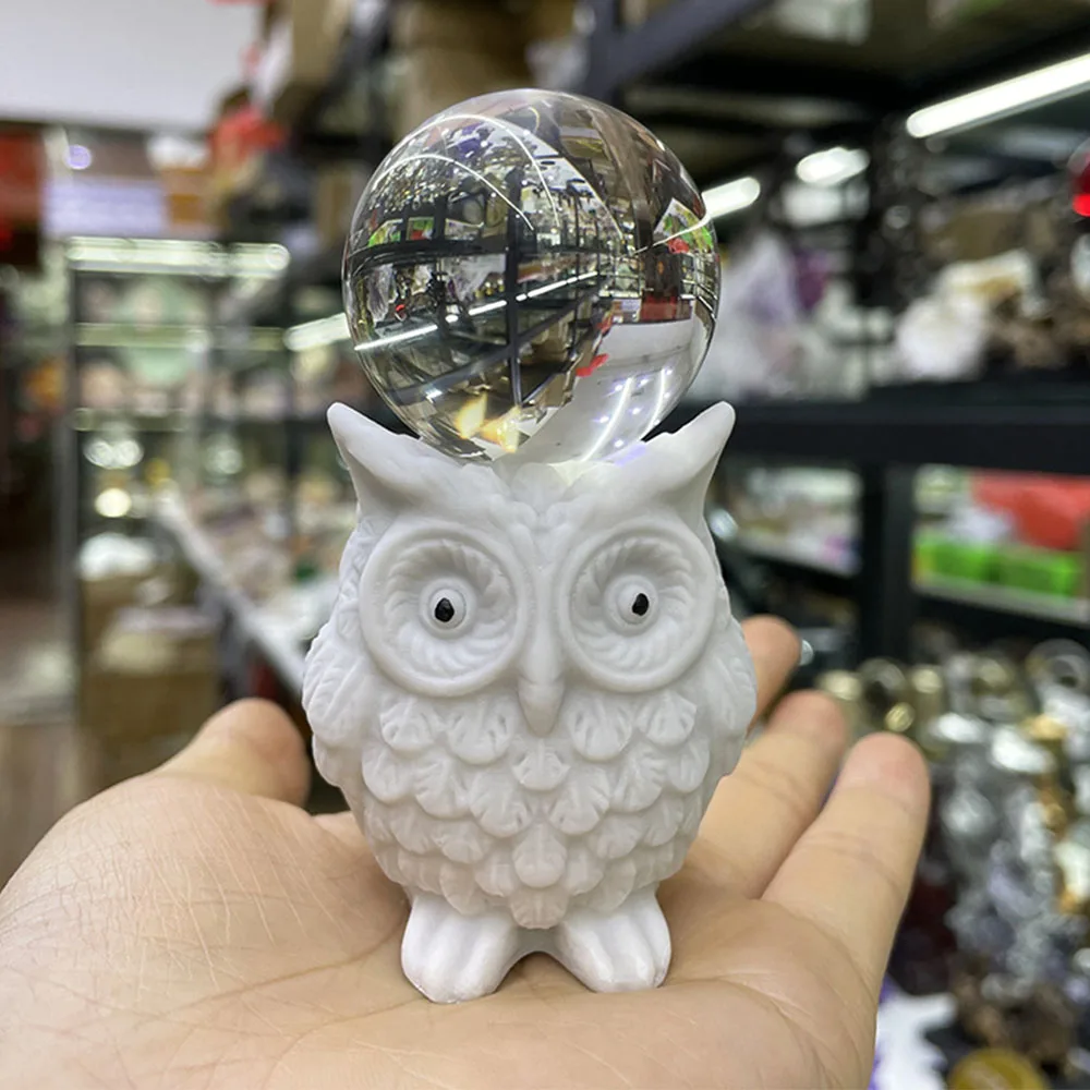 

Cute White Resin Owl Crystal Base Sphere Support Display Stand Photography Props Handicraft Decor