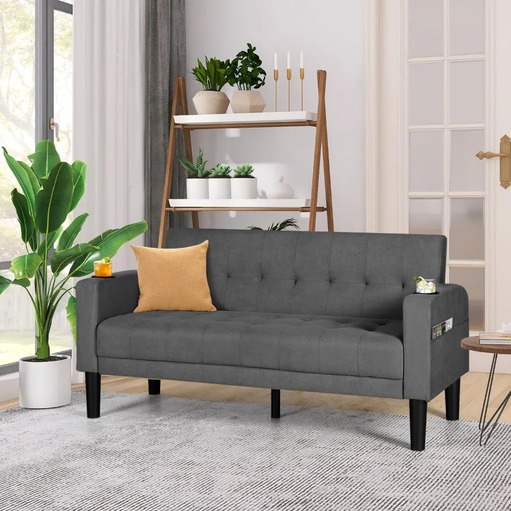 مقعد Loveseat من قماش الكتان معنقدة حديثًا مع منافذ USB وحاملات الأكواب وجيوب جانبية للجلوس المريح