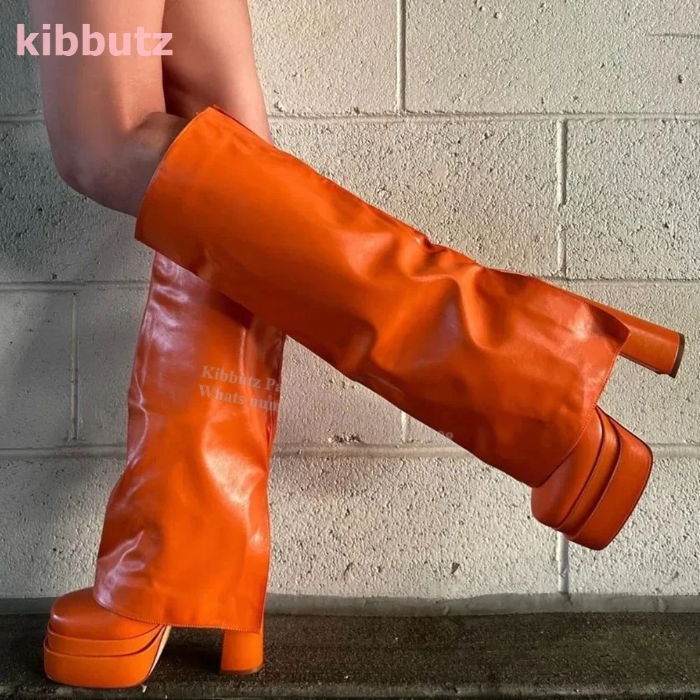 Knee High Boots Fold Over Platform Chunky Heel Square Toe Solid Color Orange Slip-On Luxury Leather Fashion Concise Sexy Shoes