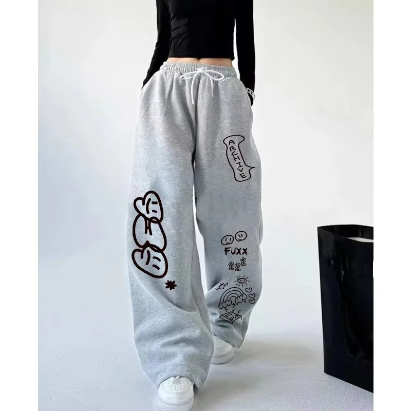 Korean Kawaii Sweet Cute Letter Print Women Pants High Waist Vintage New Drawstring Design Long Trousers Casual All-match Pants