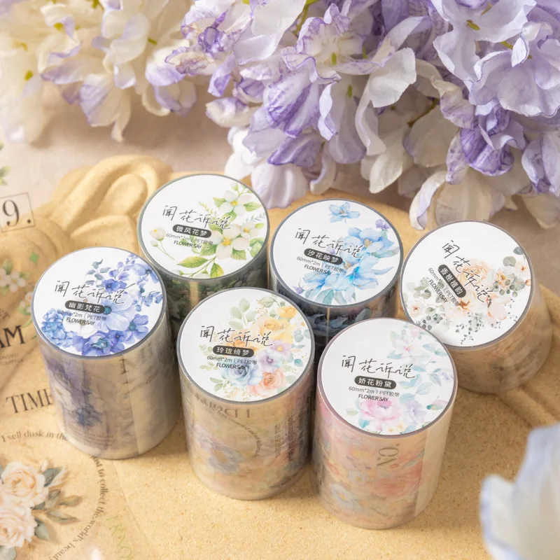 1roll Flower plants PET text tape material theme decorative DIY paste hand made Collage material