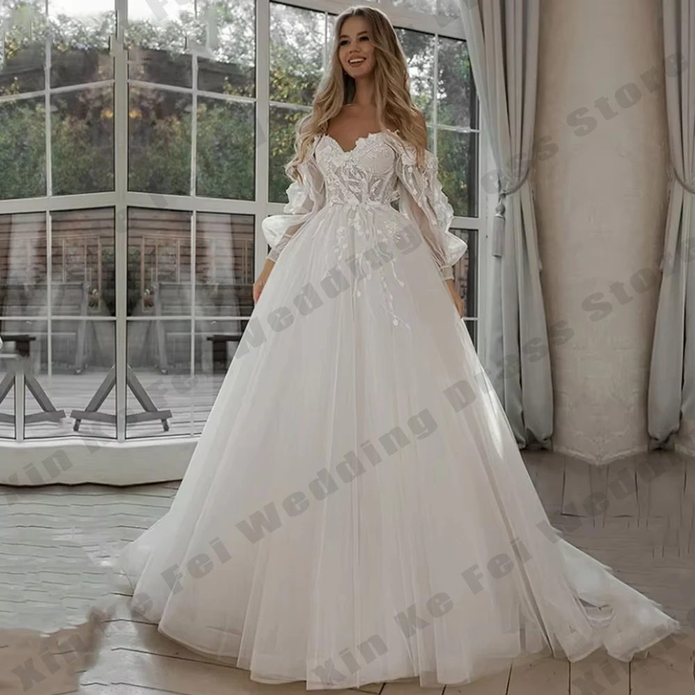 فساتين زفاف نسائية أنيقة بأكمام طويلة منتفخة زهور ثلاثية الأبعاد فساتين عروس بوهو 2026 Vestidos De Novia أردية زفاف مخصصة