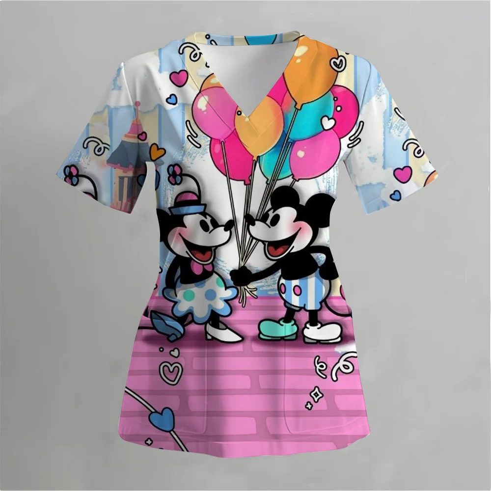 V-Neck Pocket Mickey Mouse Care Workers T-Shirt Tops Clinic Working Clothing Women Short Sleeve Scrub Print Nurse Uniform ﻿