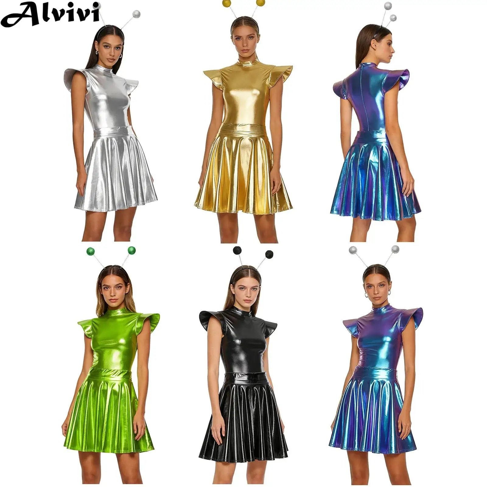 

Women Alien Space Cadet Robot Astronaut Dress Up Costume Metallic Shiny Bodysuit with Skirt Headwear for Halloween Clubwear