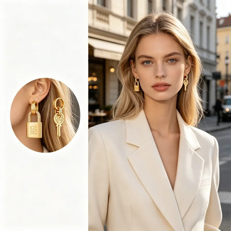 CHHC Women Copper Alloy Asymmetric Dangle Earrings Lock Key CHHC Letter Inlaid Zircon Drop Ear Jewelry