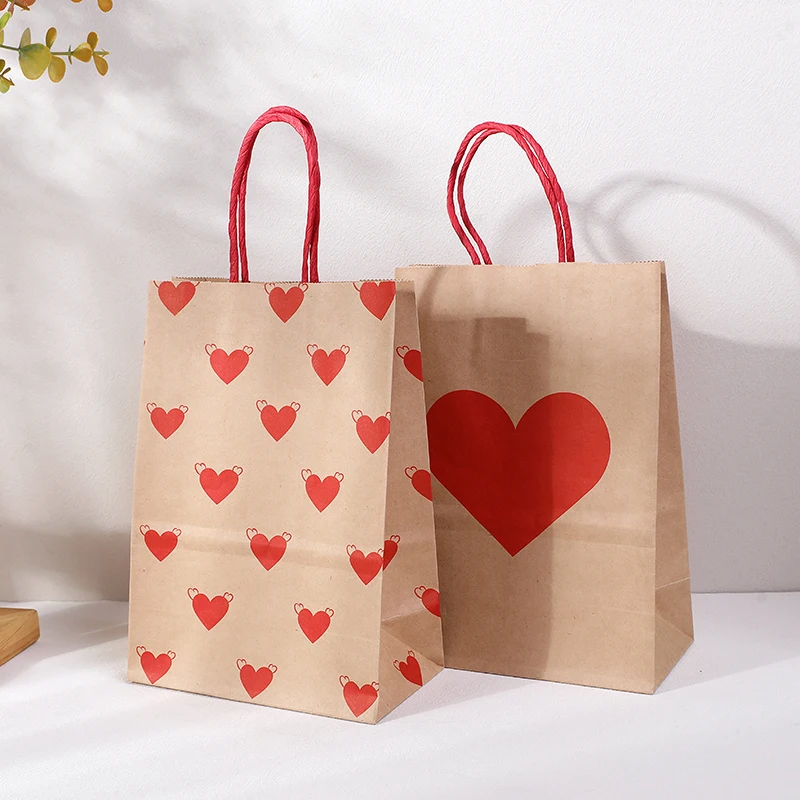 

5pcs Red Love Heart Gifts Bags Valentine's Day Candy Cookies Kraft Paper Packaging Handbags Wedding Anniversary Party Decoration