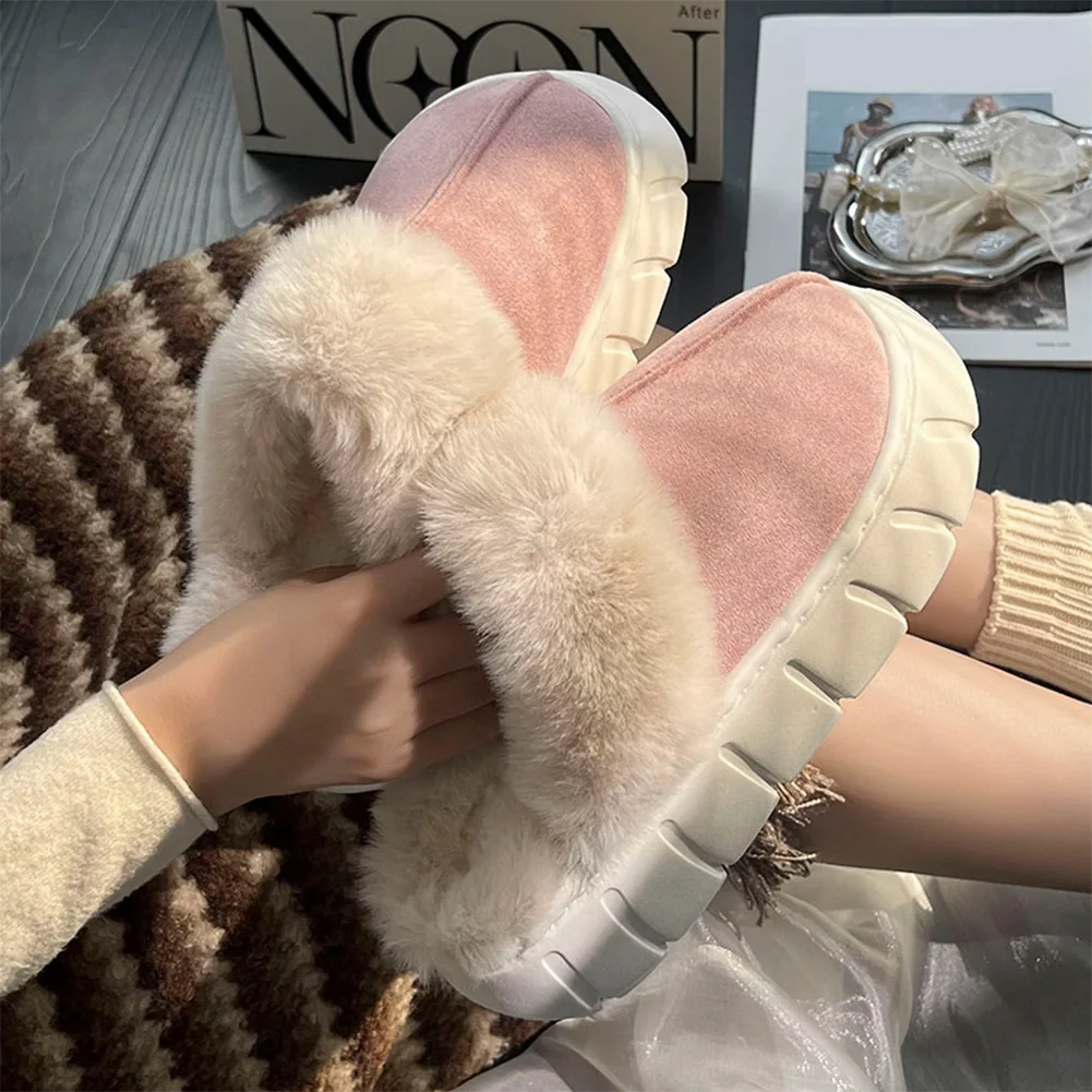 Platform Fluffy Slippers Women House Flats Fashion Plush Winter Designer Shoes Ladies Home Elegant Casual Footwear Large Size