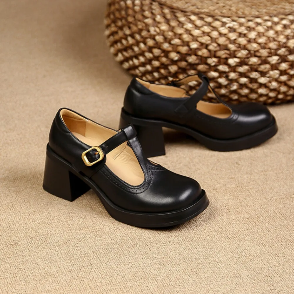 2024 New Women Office Shoes Thick Heels Slip On Round Toe Retro Chunky Heels Mary Jane Pumps Natural Leather Woman Dress Shoes