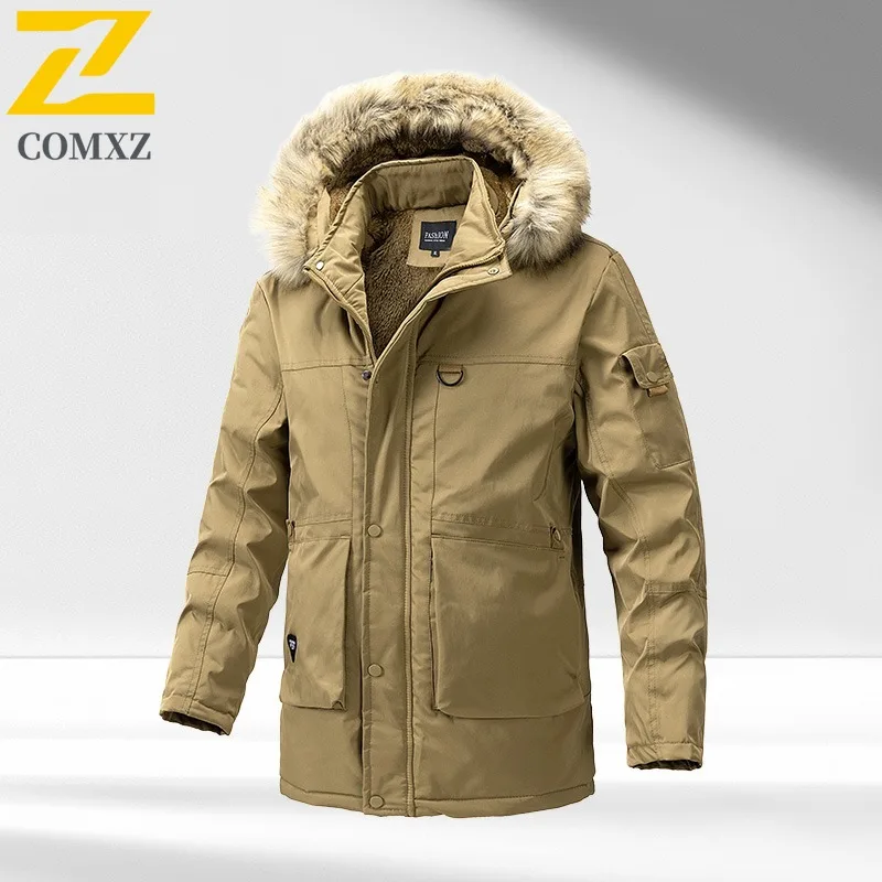 COMXZ 2025 Mens Korean Style Thickened Hooded Fleece Long Winter Jacket Waterproof And Windproof Warm Tactics Sport Trench coat