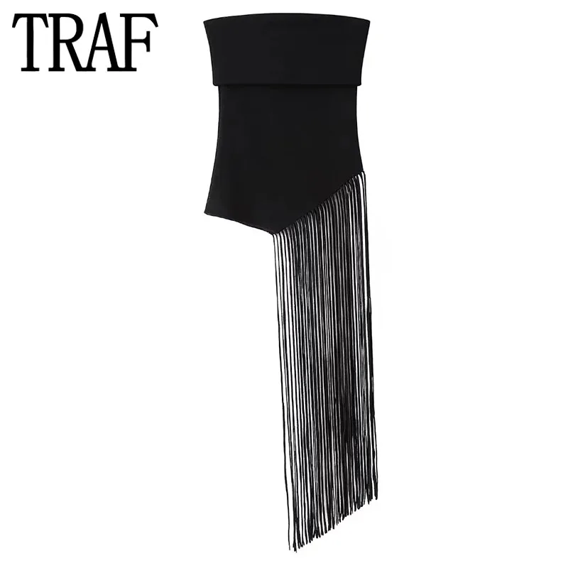 TRAF 2024 Fringing Knit Top Female Asymmetric Black Crop Top Woman Off Shoulder Sleeveless Sexy Tops Woman Party Summer Tops