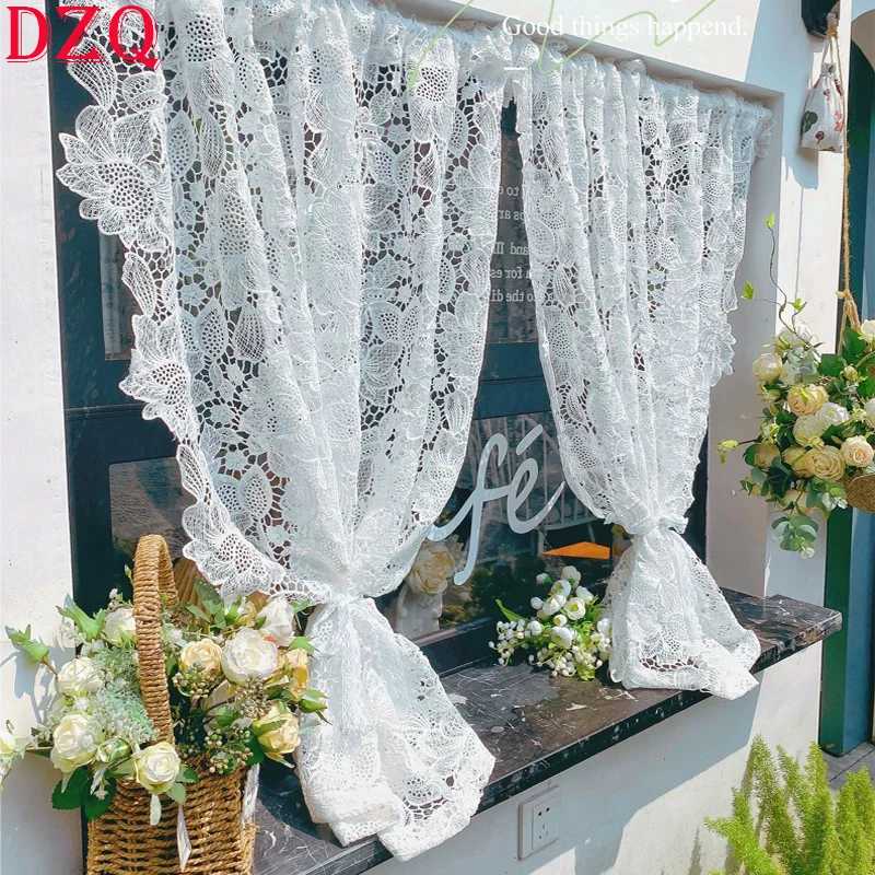 

French White Lace Embroidered Gauze Curtains for Living Room Pastoral Hollowed Tulle Curtain for Balcony Garden Decoration #644