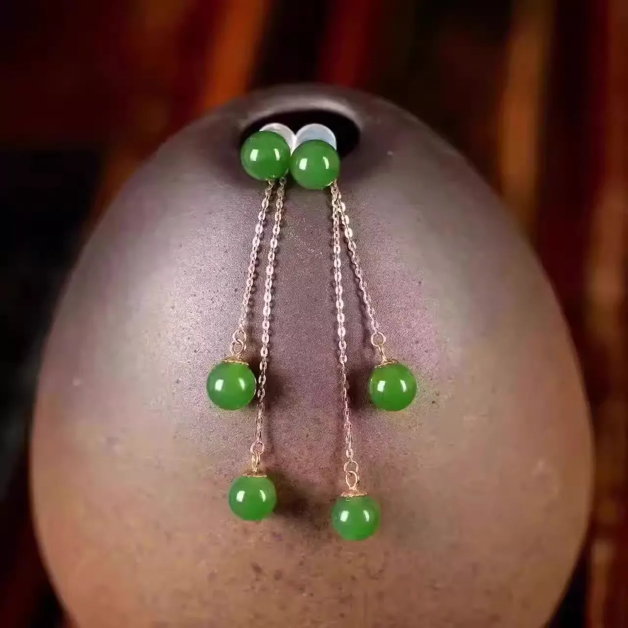 

Pure 18K Gold Eearrings Natural Hotan Jade long AU750 Classic Fashion Tassel Design Fine Jewelry Gift for Women EC1008