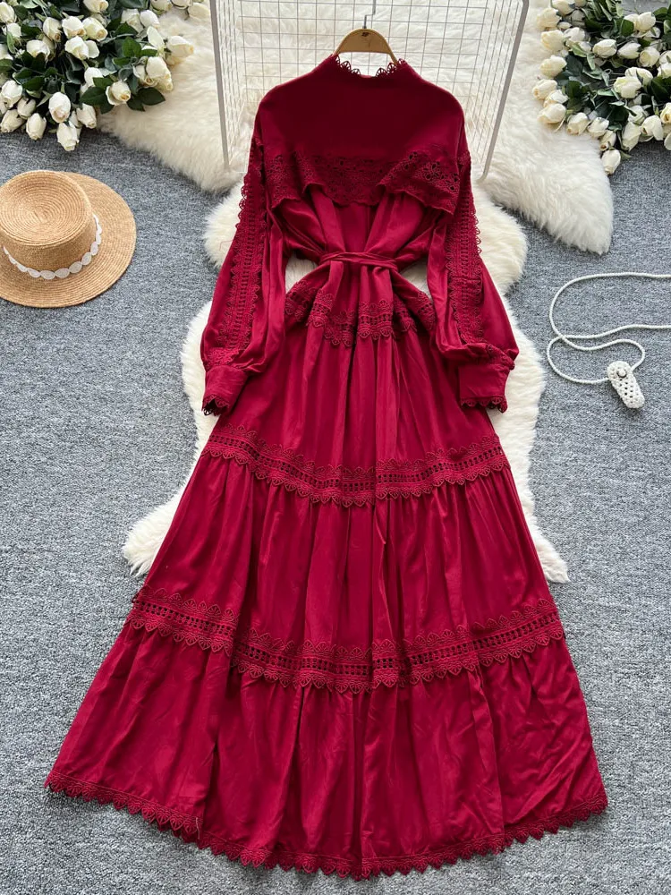 

Retro Long Sleeve Dress for Women Summer with Hollowed Out Hook Flower Single Breasted Long Dresses
