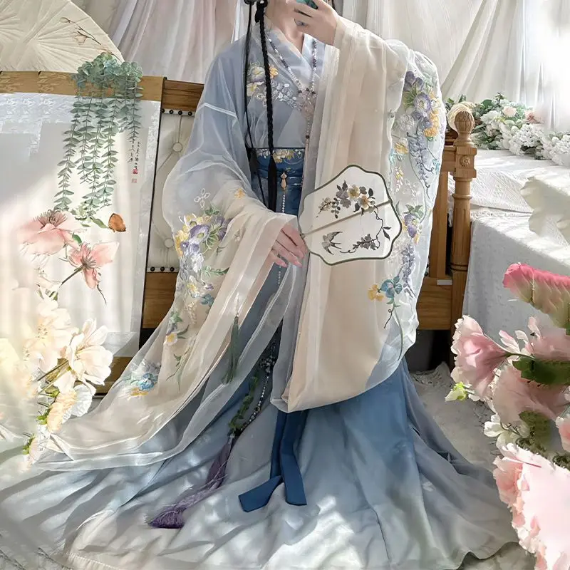 당나라 루 스커트 여성용 꽃무늬 프린트 요정 드레스 우아한 중국 전통 한푸 의상 시크 파티 드레스