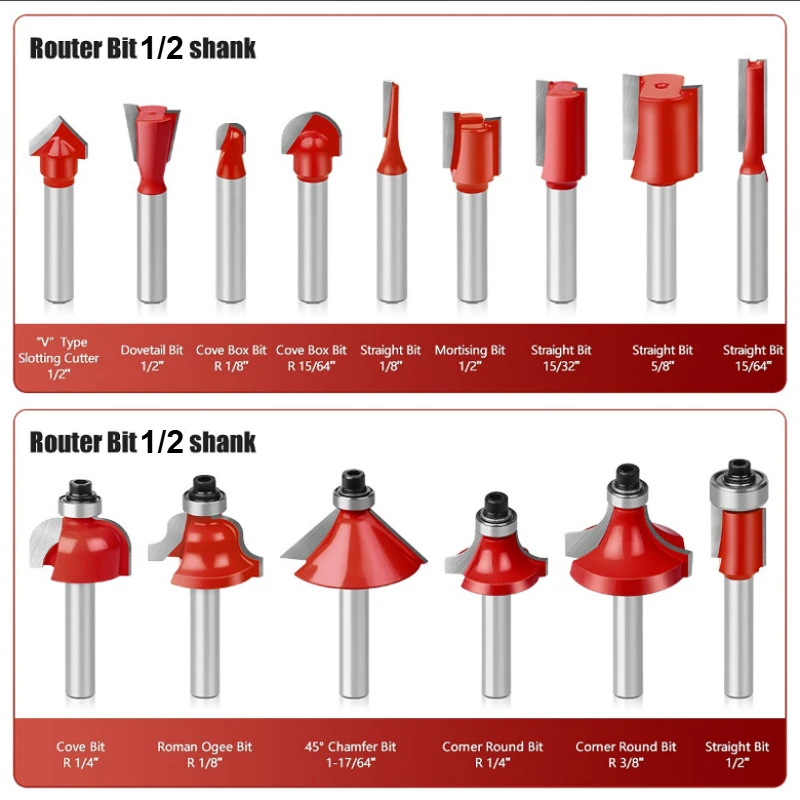 12/15pcs Router Bit Set Trimming Straight 1/2 Shank Woodworker Milling Cutter For Trimming Machine Wood Bearing Cove Box Bit