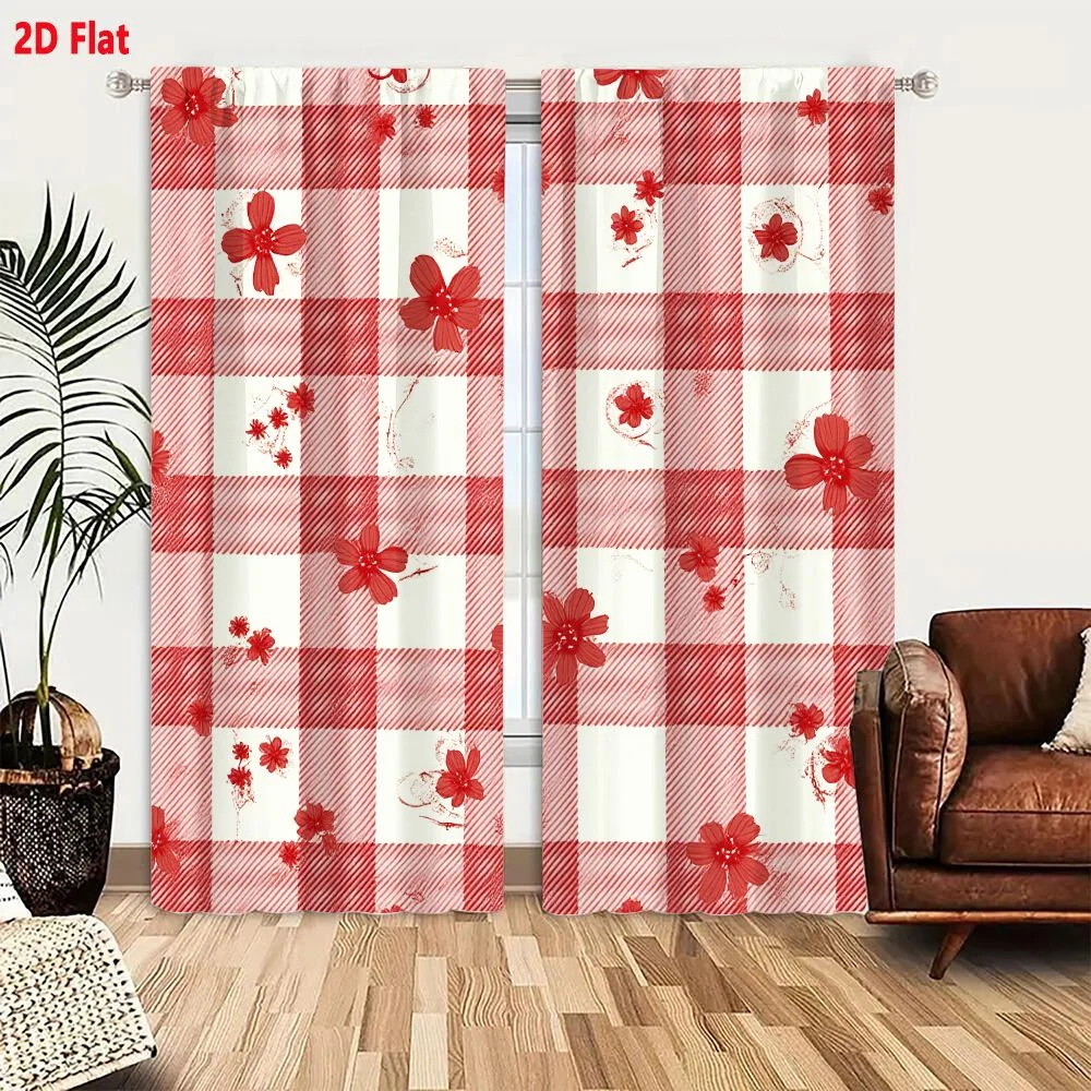 2Pcs Curtains 2D Flat Vintage Red And White Gingham Check With Cherry Blossom Flowers Pattern For Textiles Window Drapes for Bed