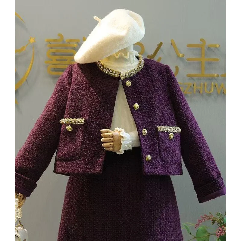 120-170CM Autumn and Winter Girls Set Fashion New Style Children's Coarse Floral Cotton Jacket+Half Skirt Two Piece Set