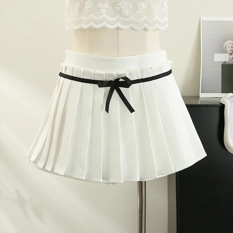 Neploe Japanese College Style Pleated Skirts 2024 Summer Bow Tie High Waist Short Jupes Femme Solid Color Thin A-Line Faldas