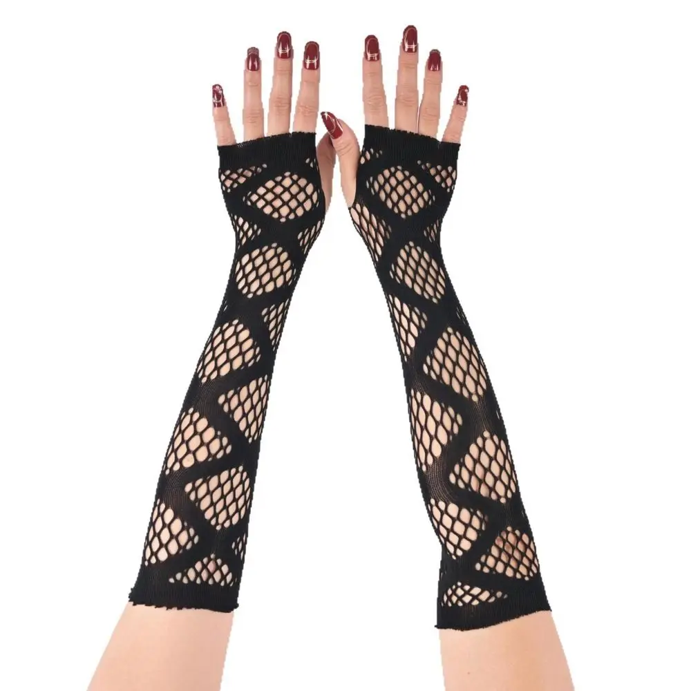 Star Fishnet Long Mesh Gloves Performance Dance Hollow-Out Fingeless Gloves Arm Sleeves Black Half-Finger Lace Mittens