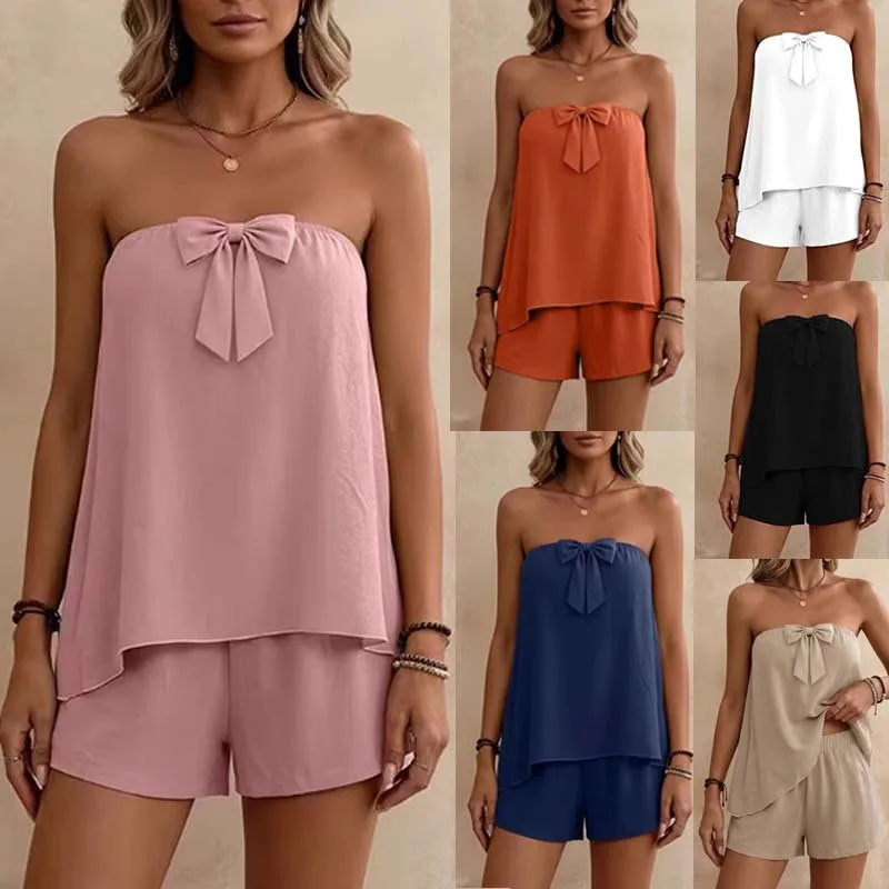 2026 Spring Summer New Casual Fashion Fungus-edged Temperament Shorts Tube Top Two-piece Set For Women Simple Commuting Clothing