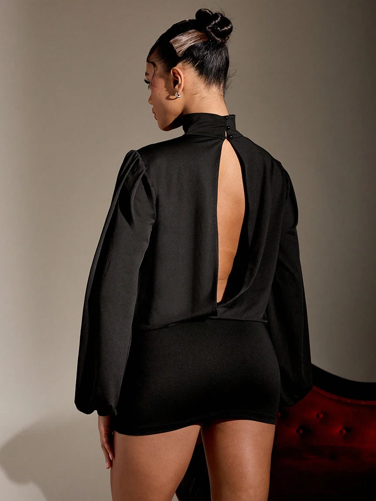 Cutenew col pivotant dos nu robe femmes Sexy bas poitrine écharpe bouton lanterne manches pêche hanche élégant Stretch mince moulante