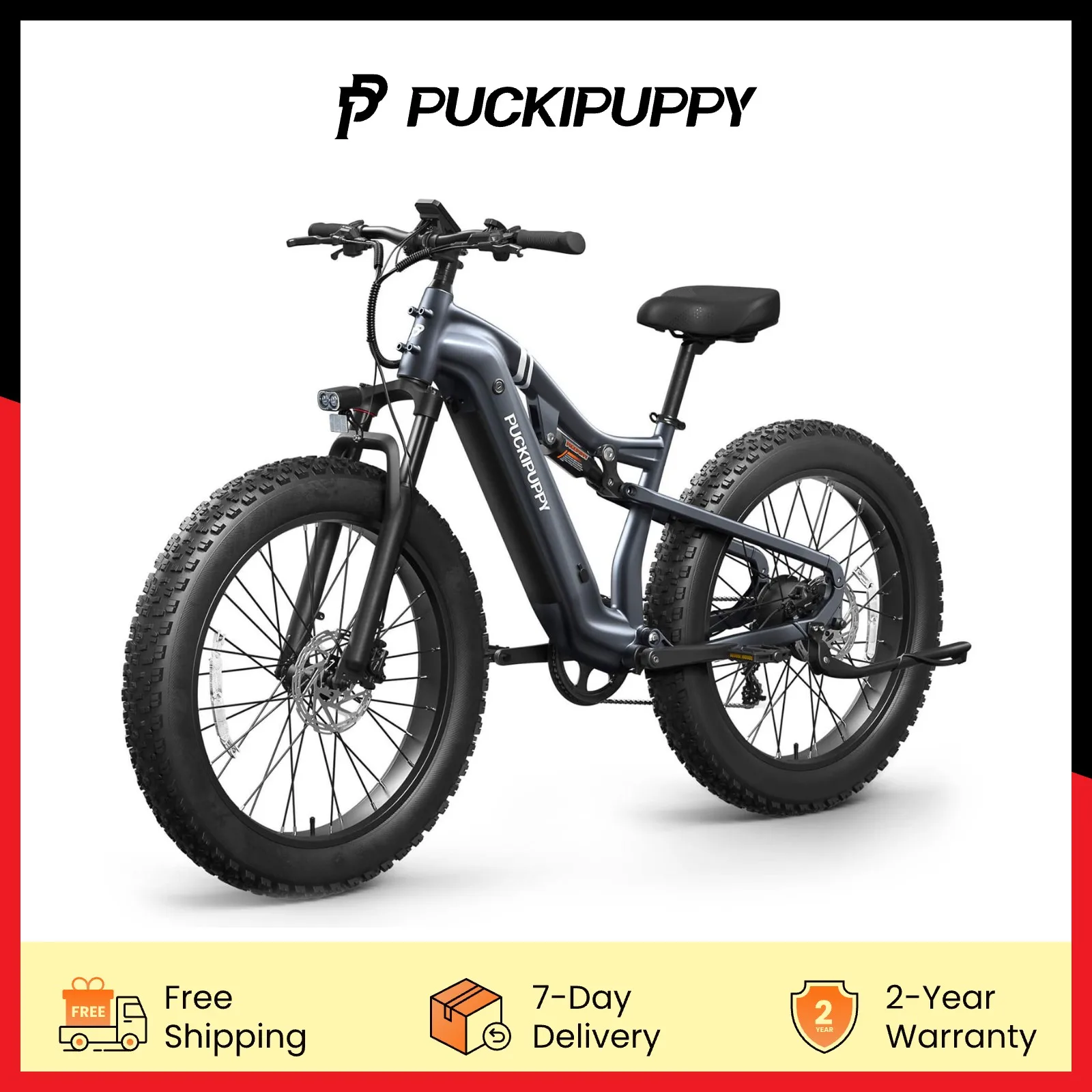 

PUCKIPUPPY Electric Bike for Adults 1350W Peak 48V 20AH Battery Ebike 26" Fat Tire Full Suspension Electric Mountain Bike 8Speed