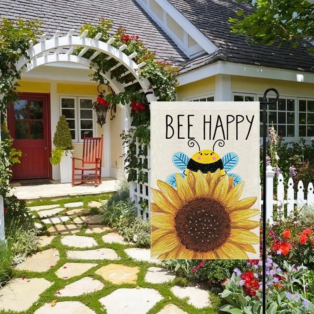 Bee Happy Summer Garden Flags Sunflower Welcome Double Sided Burlap Flag for Outside, Small Seasonal Banner Yard Holiday Par WWP